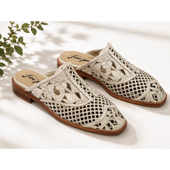 Free People Shoes - Free People Leather Laser Cut Mules Cream Bone Floral Perforated Loafers 38/7.5
